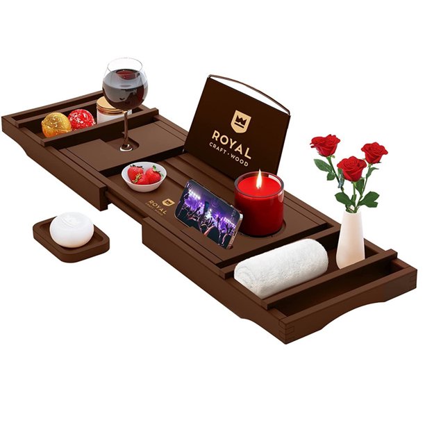 Bandeja de baño de bambú marrón, bandeja de baño extensible para velas, copas de vino, libros, tabletas y soportes para teléfono, bambú 100% natural (jabonera no incluida) JAMW Sencillez