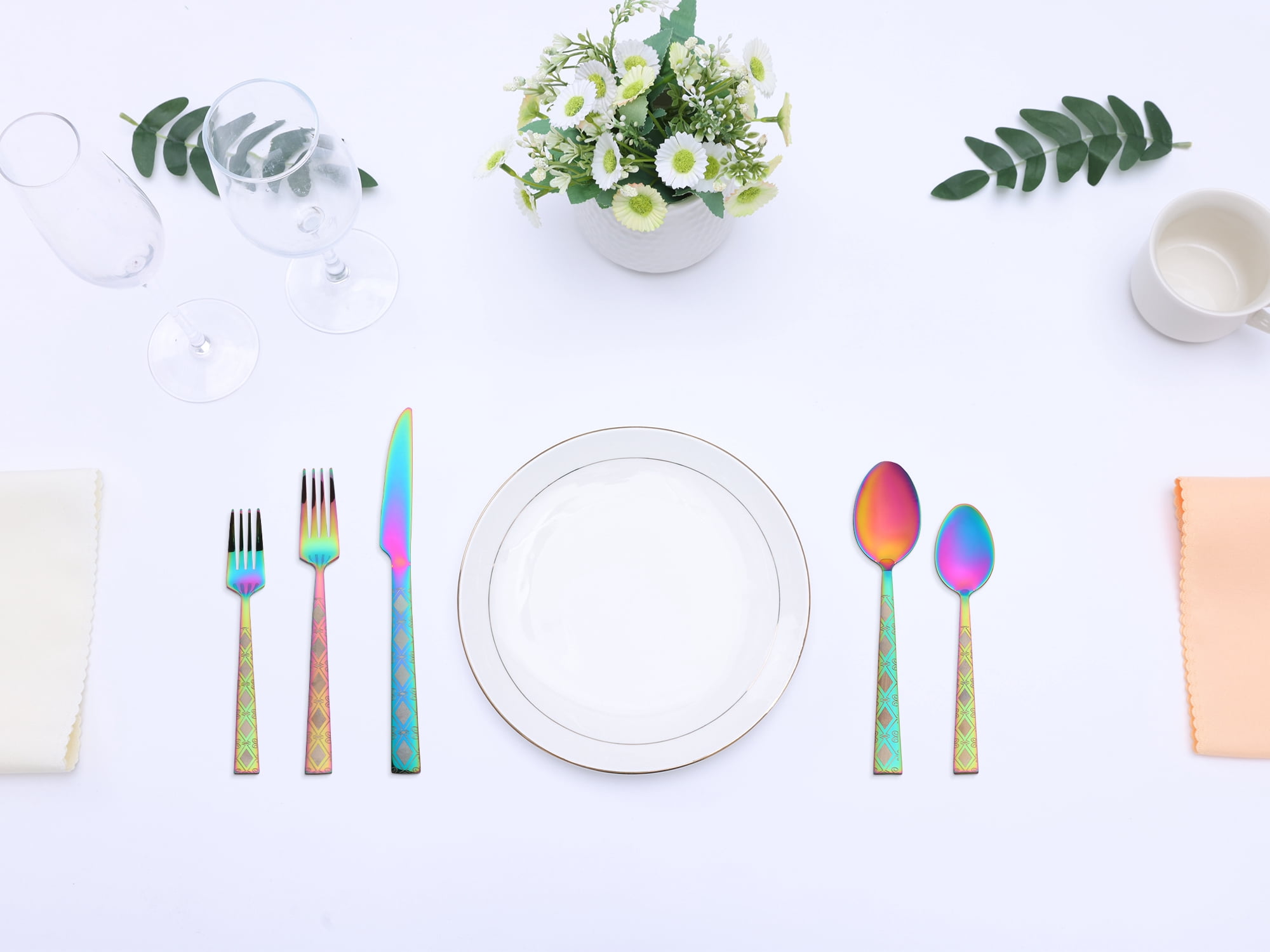 Unique Bargains 30 Piece Stainless Steel Floral Print Flatware Set for 6 Cutlery Colorful