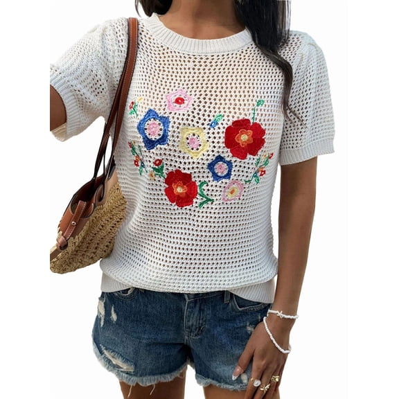 Women Summer Crochet Tops Scoop Neck Short Sleeve Pullover Sweater Hollow Out Knit Tops White S