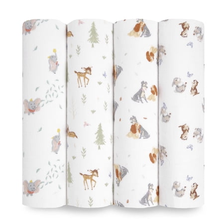 aden + anais x Disney Baby, Cotton Muslin Swaddle Blanket, Disney + Friends, Unisex, Infants, 4-Pk