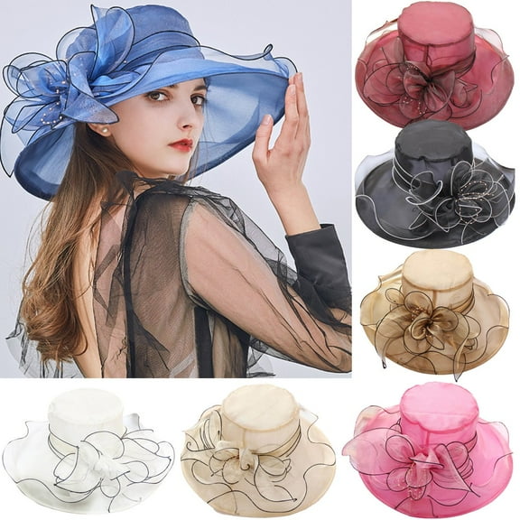 Elegant Women Floral Organza Wide Brim Church Fascinator Dress Cap, Lady Tea Party Sun Hat Party Bridal Wedding Hat