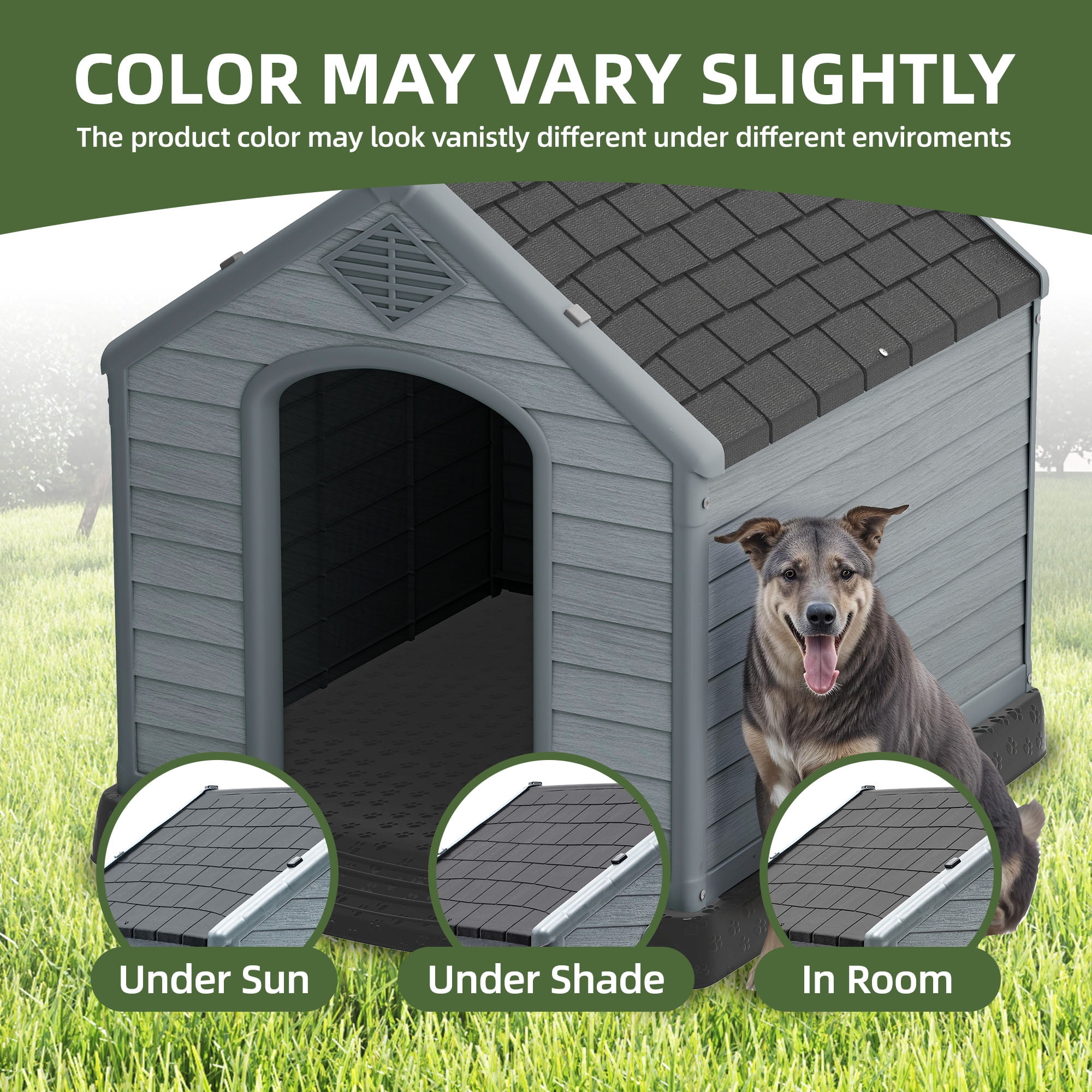 Uforic Large Waterproof Plastic Dog House with Air Vents and Elevated Floor, Outdoor Indoor Doghouse Puppy Shelter,Black+Gray,41''Lx 38''Wx 39''H