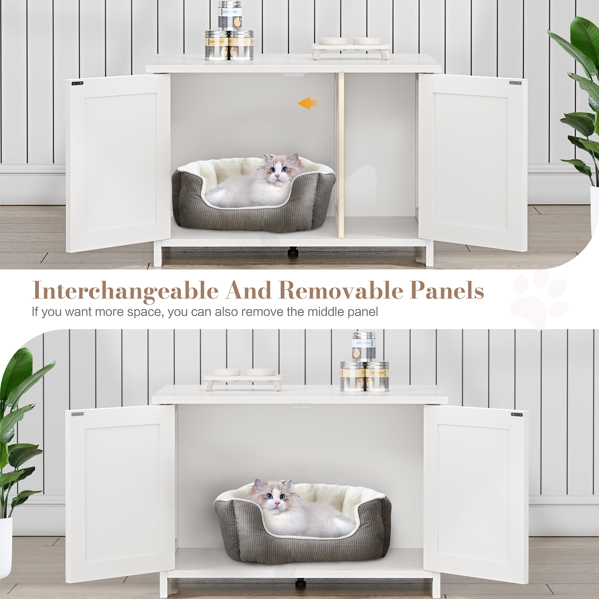 Walsunny Hidden Cat Litter Box Cat Washroom with Double Removable doors and Divider Indoor for Living Room White