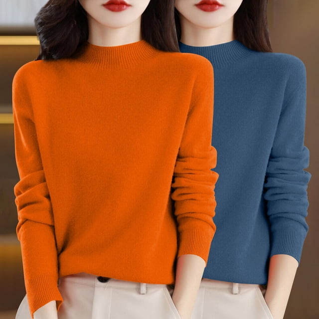 Chandail à Col Rond pour Femmes, Automne et Hiver, 2 Pcs, Couleur Unie, Doux et Confortable