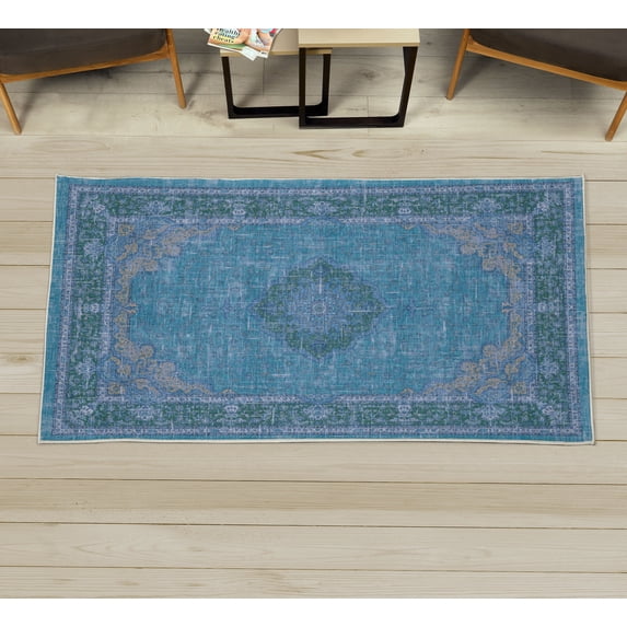 Vintage Decorative Rug, Oriental Design Curlicue Swirly Motives with Retro Details Victorian Art, Quality Carpet for Bedroom Dorm and Living Room, 6 Sizes, Sea Blue Green Beige, by Ambesonne