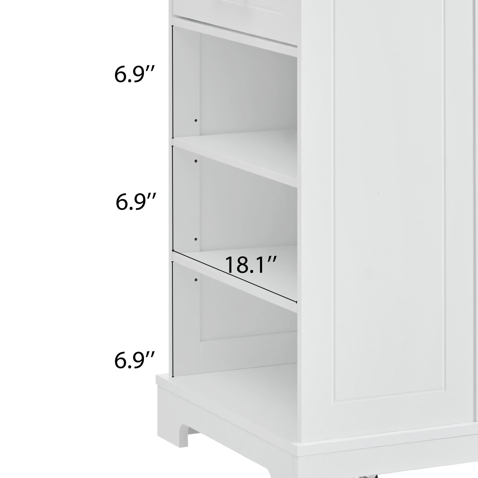 AENKYO Fluted Kitchen Island with Trash Can Storage Cabinet, Power Outlet, Internal Storage Rack, Rolling Kitchen Islands on 5 Wheels with 3 Drawer, 3 Open Side Racks for 10 Gallon Garbage Bin,White
