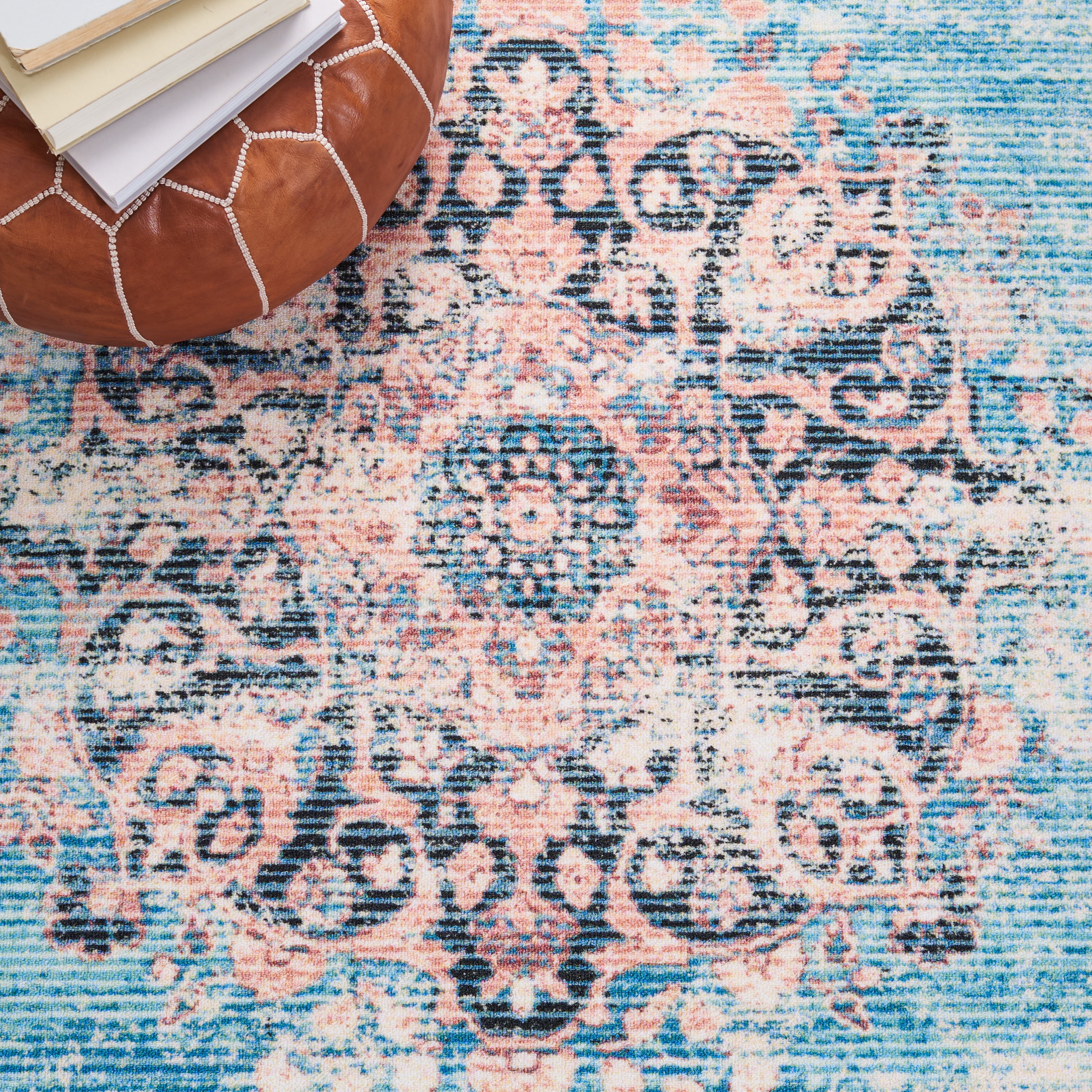 SAFAVIEH Journey Coriander Floral Distressed Area Rug, Turquoise/Pink, 4'4" x 6'