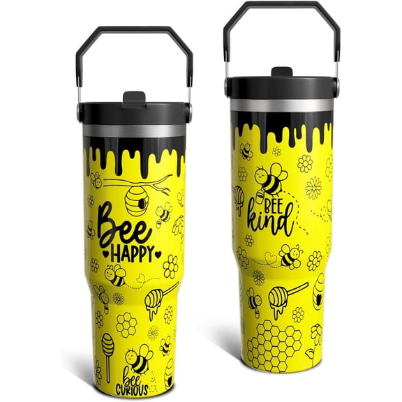 30oz Bee Happy Stainless Steel Tumbler with Handle, Flip Straw & Lid - Double Wall Insulated Water Bottle Cup - Animal Lover Birthday Gifts for Women Men (Yellow)