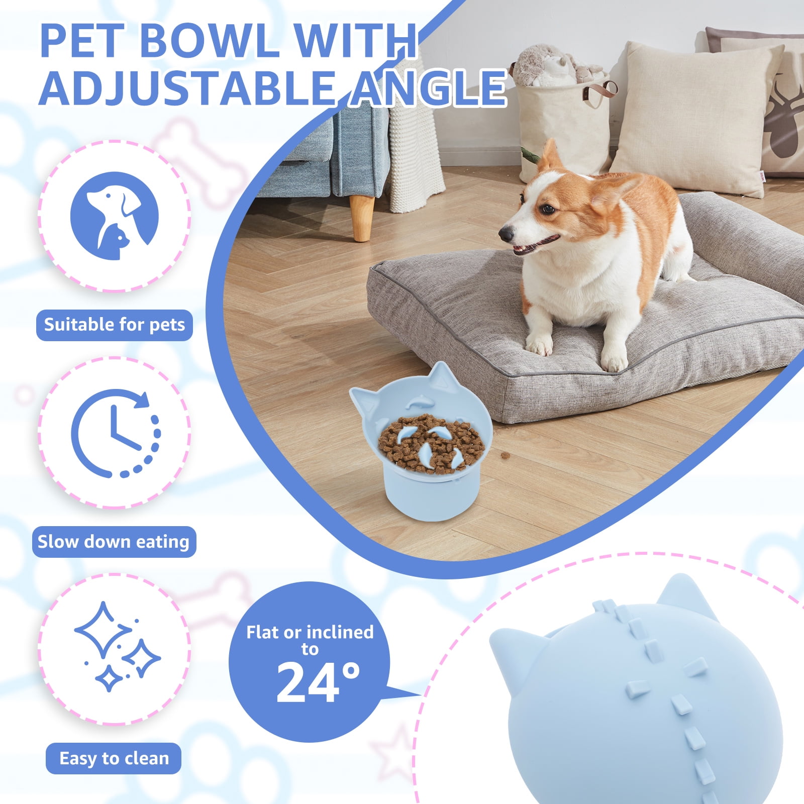LINFANG 2Pcs Silicone Cat Slow Feeder Elevated Slow Feeder Dog Bowl with Nonslip Base Adjustable Angle Pet Feeding Bowls to Slow Down Eating for Cats Dogs