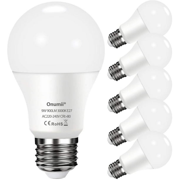 Lot de 6 ampoules LED E27 9 W 900 lm équivalent à une ampoule 60 W, blanc  chaud 3000 K, culot à vis A60 Edison E27, 220-240 V 