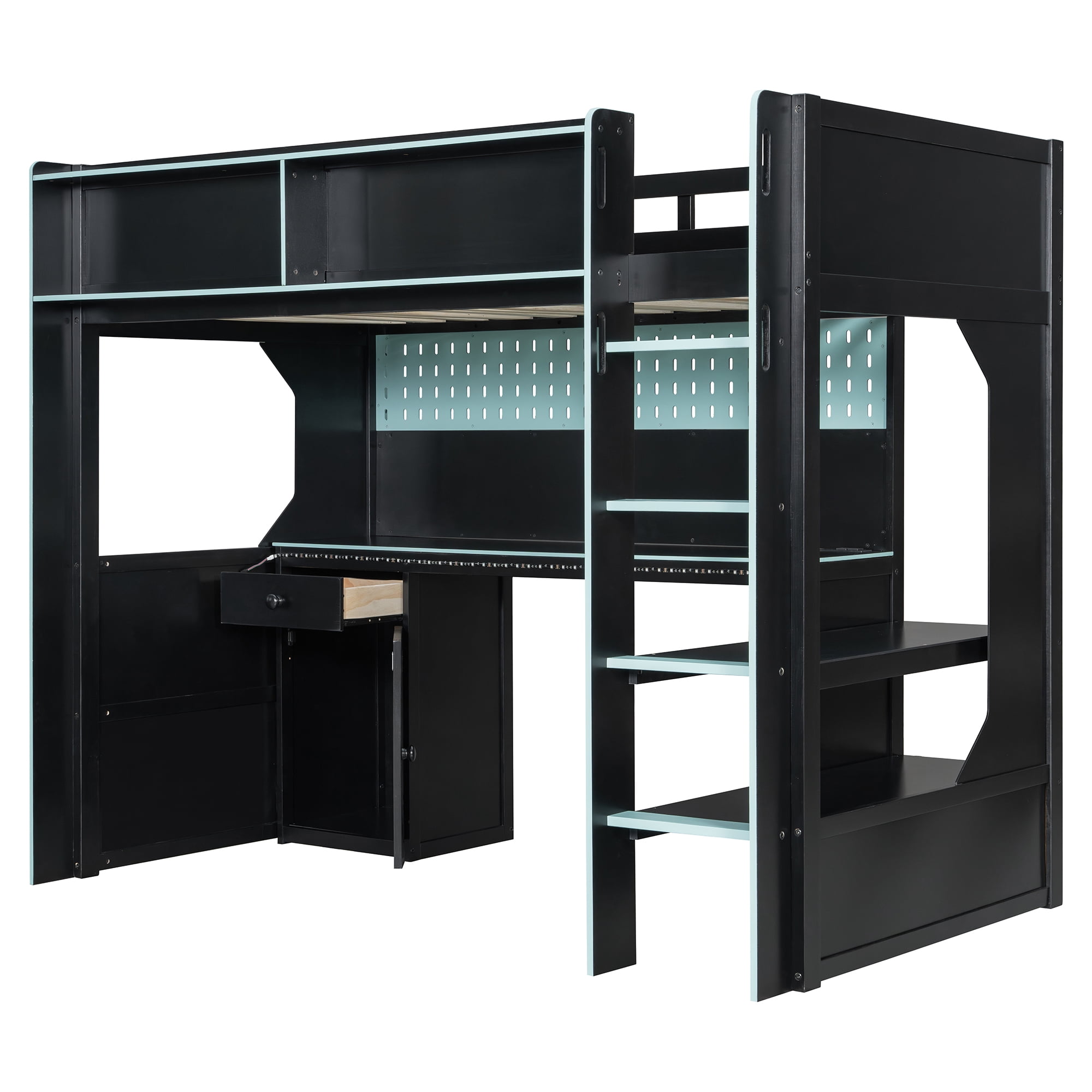 Mintazer Twin Size Gaming Loft Bed with Desk & LED Lights, Modern Bed Frame with Storage Shelves & Pegboard and Charging Station for Dorm Bedroom Apartment, Black & Blue