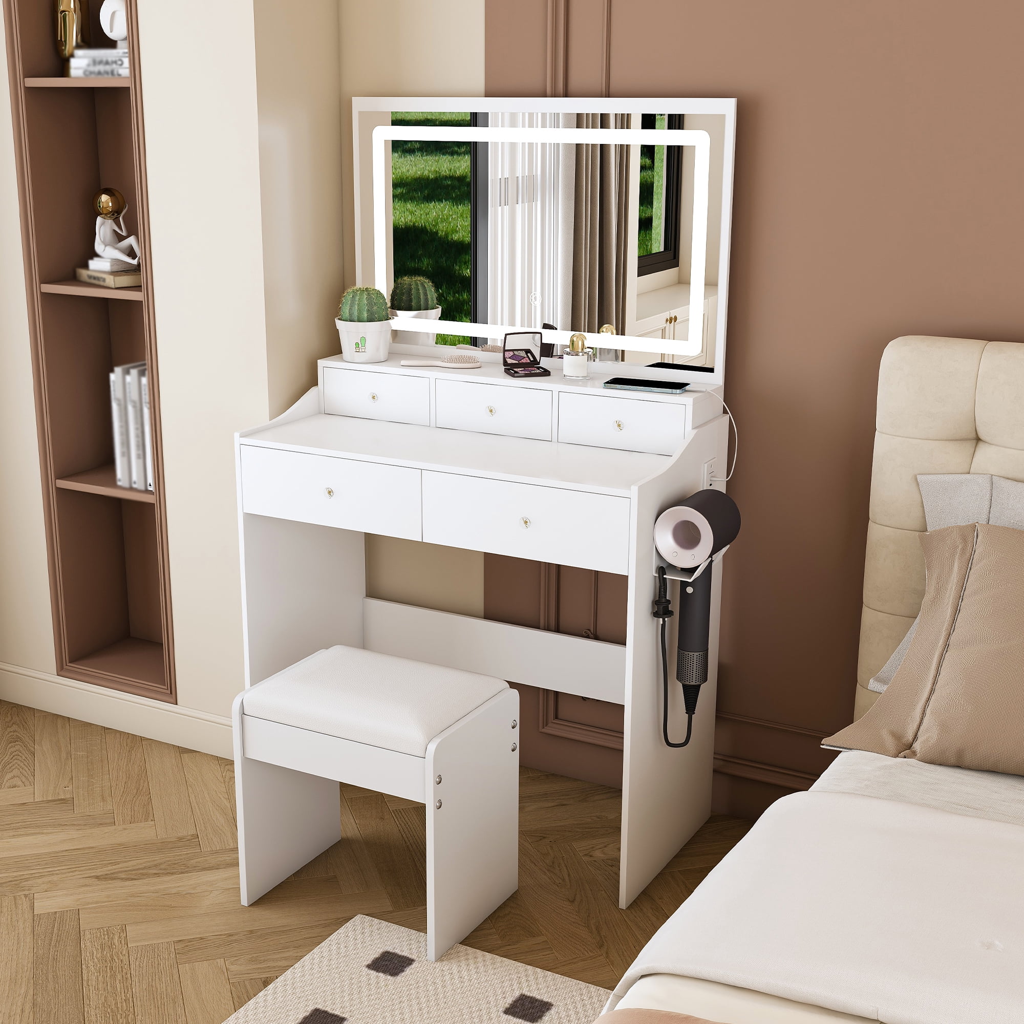 New Large Mirror Vanity Desk for Bed room , Modern Makeup Vanity Set with Power Outlet and Hair dryer holder, 5 Drawers, 3 Lighting Color Adjustable Dressing Table for Bedroom, White Color