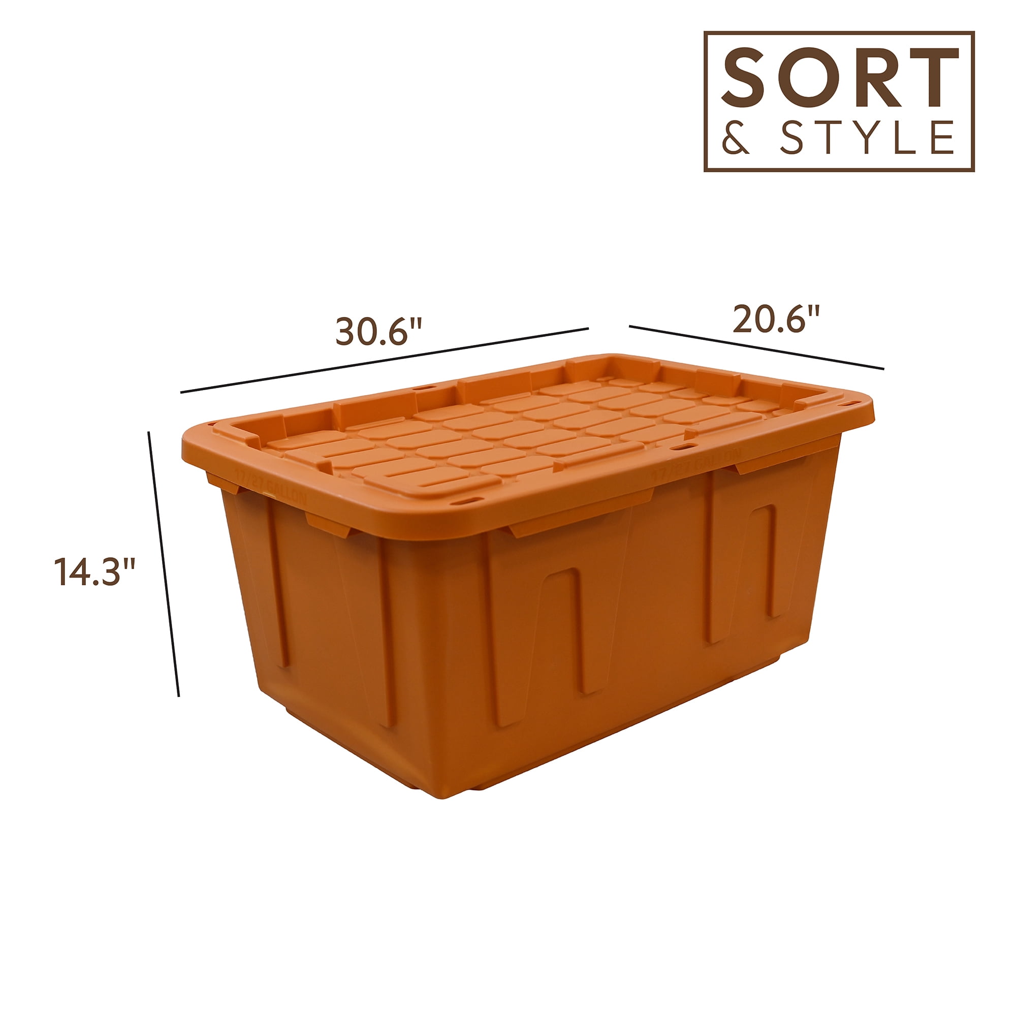 Sort & Style 27 Gallon Large Storage Bin with Snap Lid, Autumn Maple Orange, 4 Pack, Heavy Duty Plastic Storage Container