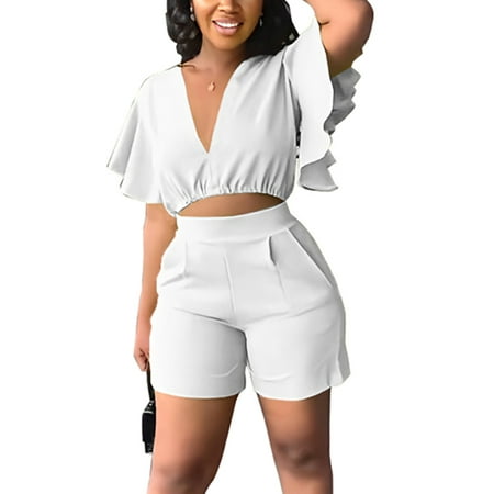 

Niuer Women Cropped Top And Shorts High Waisted Pajamas Ladies Baggy 2 Piece Outfits Short Sleeves Joggers Ruffle Sleeve Casual Sleepwear