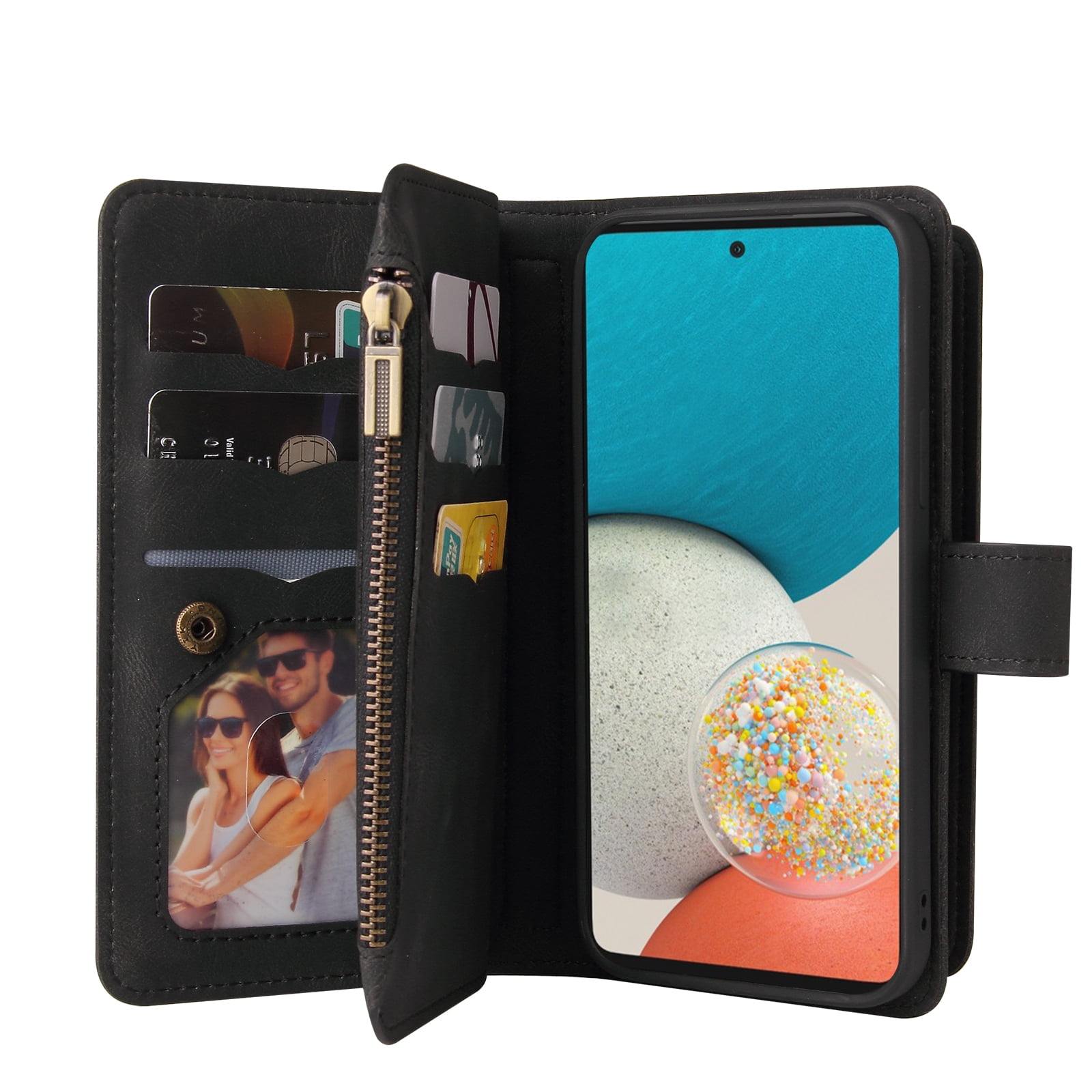 Phone Case for Samsung Galaxy A53 5G, Galaxy A53 5G Wallet Case, Luxury Folio Flip Leather Cover [Zipper Pocket] [Wrist Strap] [Kickstand] for Samsung Galaxy A53 5G 6.5 inch,Black