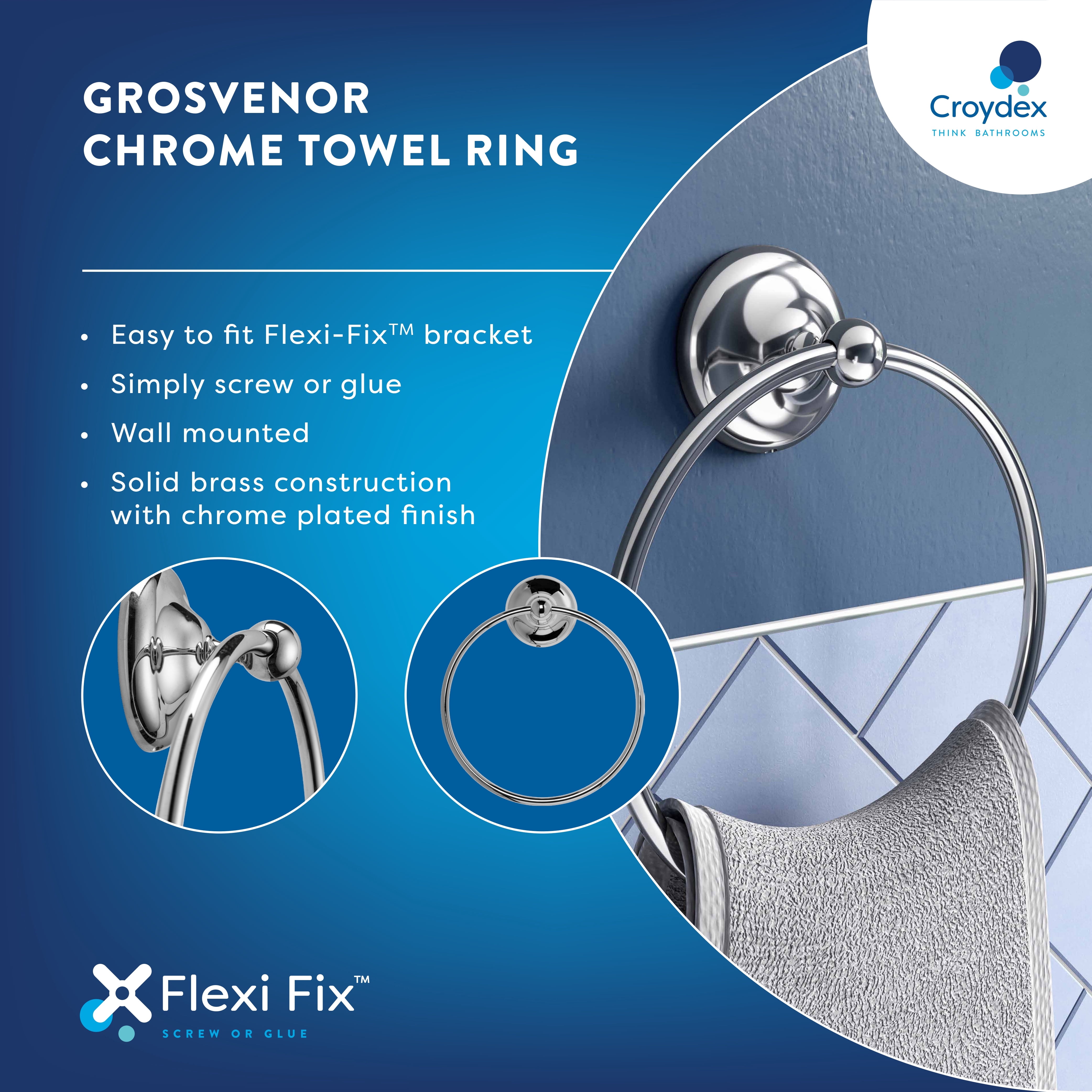 Croydex Grosvenor Flexi-Fix Screw or Glue Towel Ring, Chrome