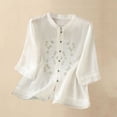 thumbnail image 2 of Holzkary Embroidered Tops for Women Cotton Linen Embroidered Shirt Wide Elastic Stcollar Single Bead Button Loose Top Casual Summer Boho T Shirts Loose Fit Half Sleeve Floral Blouses White 3Xl, 2 of 6