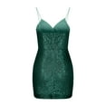 thumbnail image 3 of BLTIBY 2025 Women Sequin Dress Solid Color V Neck Sparkly Glitter Spaghetti Strap Sleeveless Short Party Night Out Club Fashion Dress Green L, 3 of 5