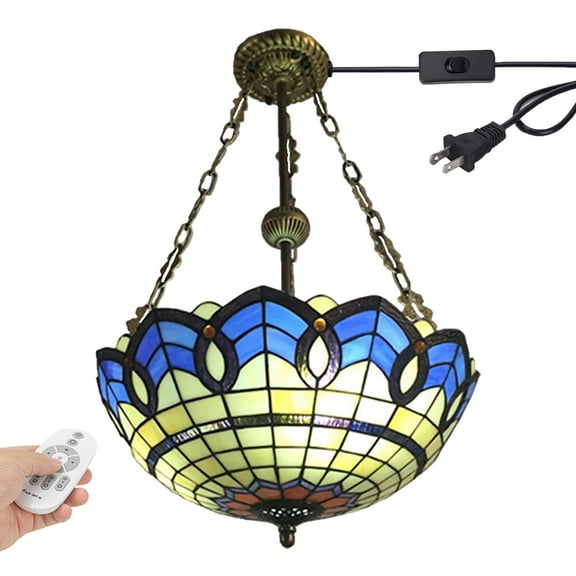 Kiven 11.8in Plug-in Flush Mount Ceiling Light Fixture, 3-Light Anti Glare Close to Ceiling Light with 15FT Cord, Tiffany-Style Glass Chandelier Dimmable for Bedroom Kitchen Hallway(No.3227)