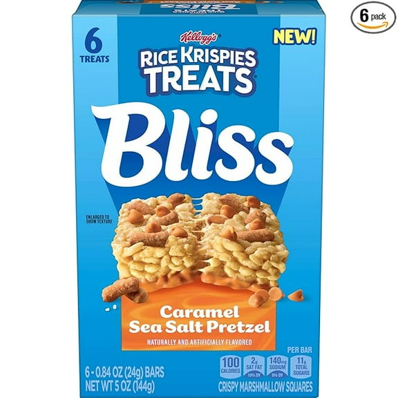 1x Rice Krispies Treats Bliss Crispy Marshmallow Squares, Snack Bars, Caramel Sea Salt Pretzel, 5oz Box (6 Bars)