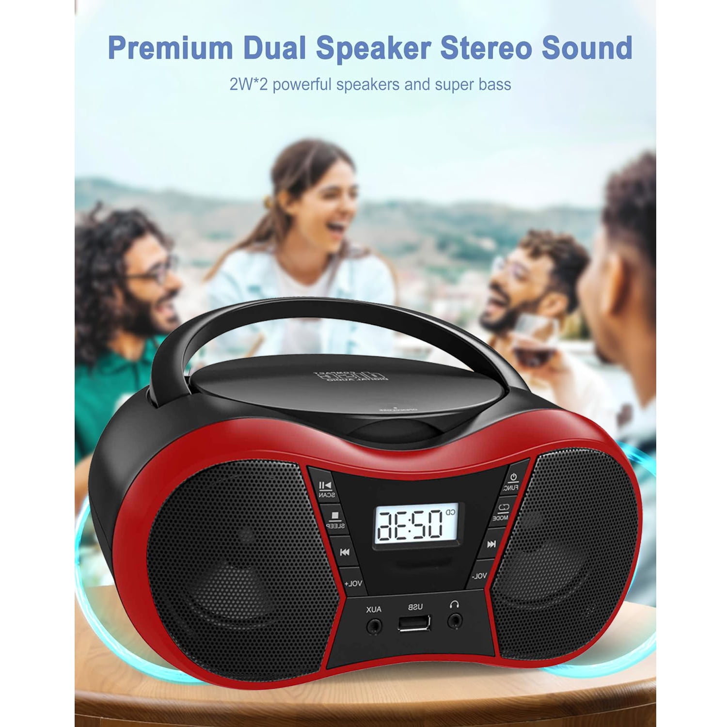 Portable CD Player Boombox with FM Radio,Bluetooth 5.1,Clear Sound,LCD Display,USB/AUX Input,AC/Battery Powered,CD/CD-R/CD-RW Compatible,3.5mm Headphone Jack,Sleep Timer for Home,Seniors,Kids Red