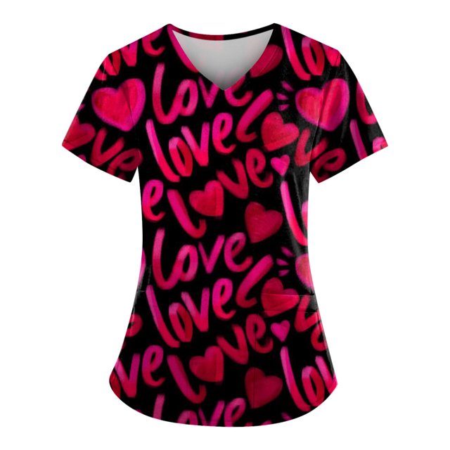 Tops de uniforme de trabajo estampados de talla grande para mujer, camisetas divertidas de manga corta con cuello en V, ropa de trabajo, camiseta con bolsillos rojo / 3xl