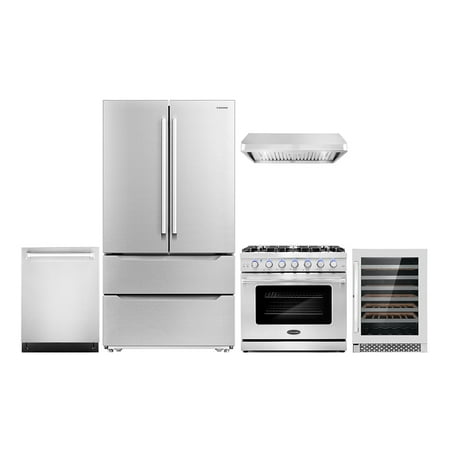 Cosmo 5 Piece Kitchen Appliance Package with 36  Freestanding Gas Range 36  Under Cabinet 24  Built-in Fully Integrated Dishwasher French Door Refrigerator &amp; 48 Bottle Wine Refrigerator