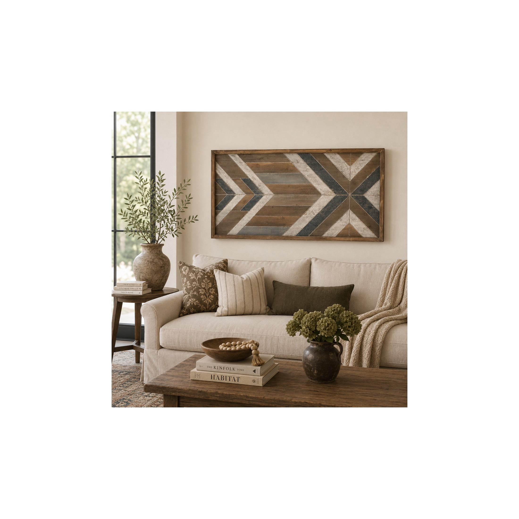 DecMode Farmhouse Distressed Rectangular Wood Wall Décor with Multi Colored Geometric Pattern, 46"W x 23"H
