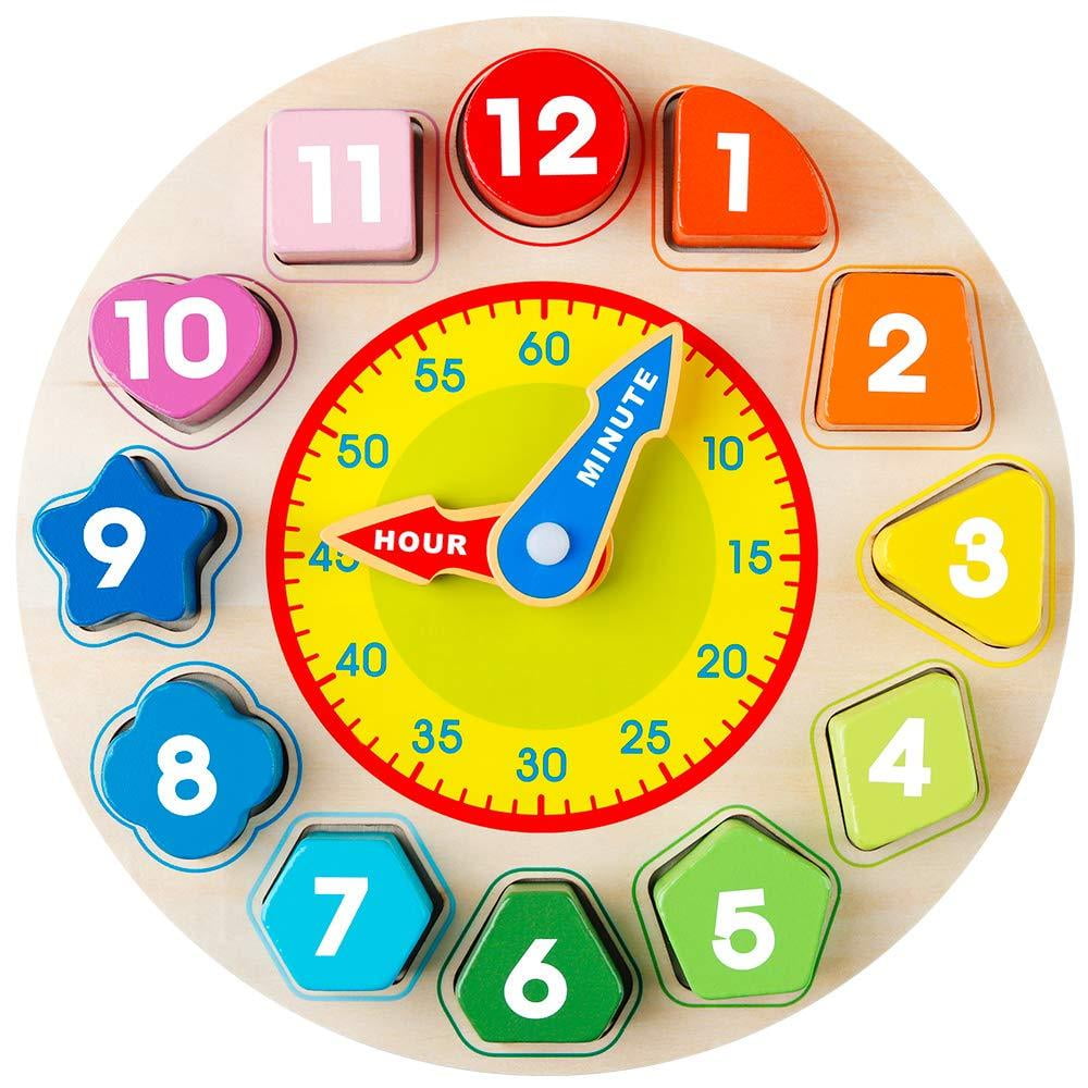 Coogam Wooden Shape Color Sorting Clock Teaching Time Number Blocks