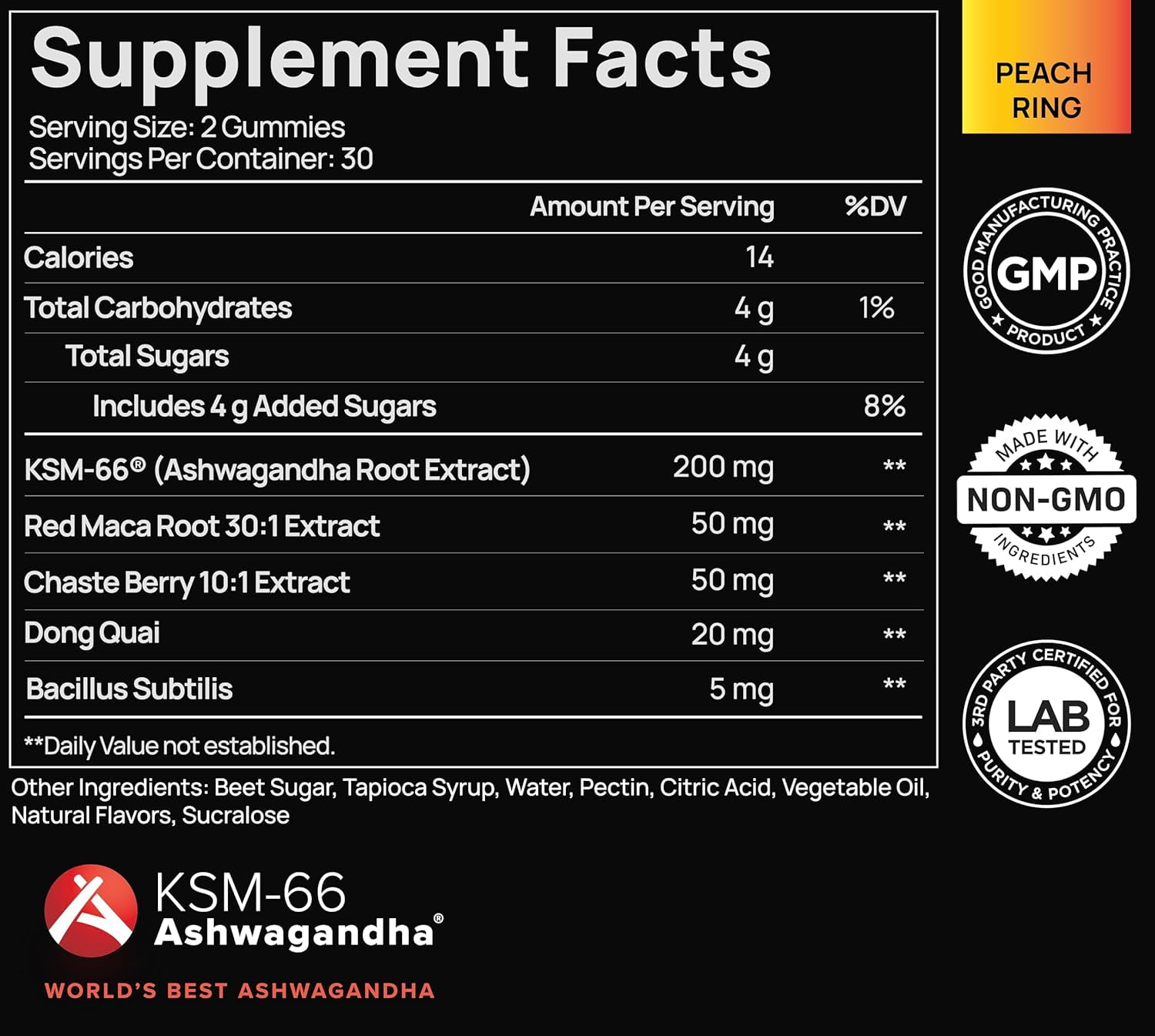 4,050mg KSM66 Ashwagandha Gummies Libido Booster for Women, 30x Strength Red Maca Root (Peach Ring)