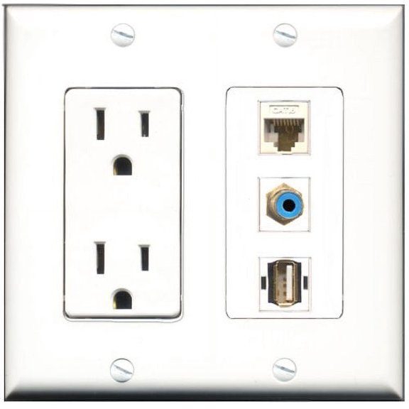 RiteAV - 15 Amp Power Outlet 1 Port RCA Blue 1 Port USB A-A 1 Port Cat6 Ethernet Ethernet White Decorative Wall Plate