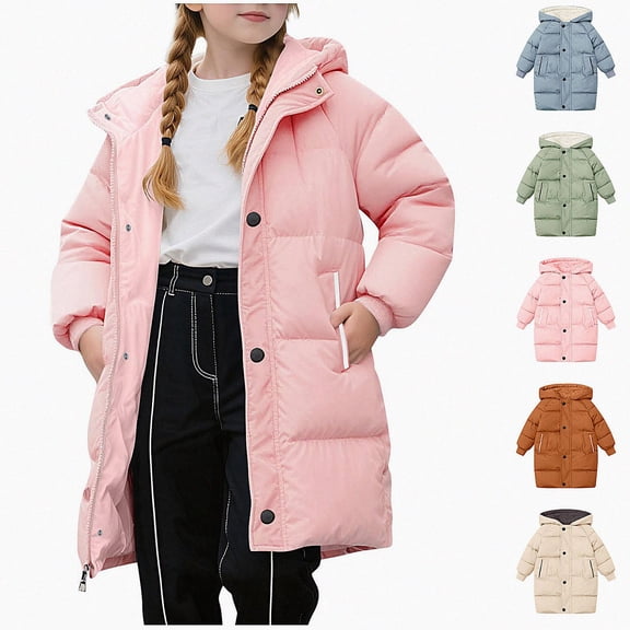 DJDLJWCJ Girls Parka Jacket Thicken Puffer Winter Warm Hooded Jacket Solid Color Full Zipper Quilted Coat Pink Size 2T