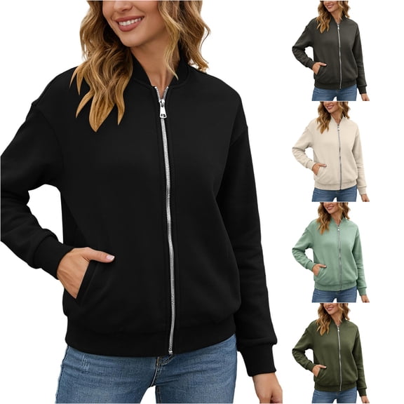 Unir Full Zip Casual Sweatshirt Jacket for Women, Ribbed Collar Cuffs, Relaxed Fit Athletic Outerwear with Pockets, 1 Piece, S-XXL, Plus Size Friendly