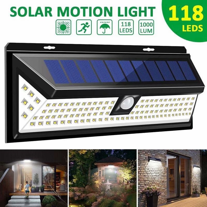 118 LED Solar Power PIR Motion Sensor Wall Light Garden Security Lamp Floodlight 