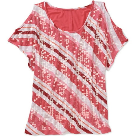 Faded Glory Women's Plus-Size Embellished Sequin Striped Knit Cold-Shoulder Top
