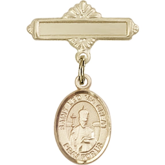 14kt Yellow Gold Baby Badge with St. Leo the Great Charm and Polished Badge Pin 1 X 5/8 inches