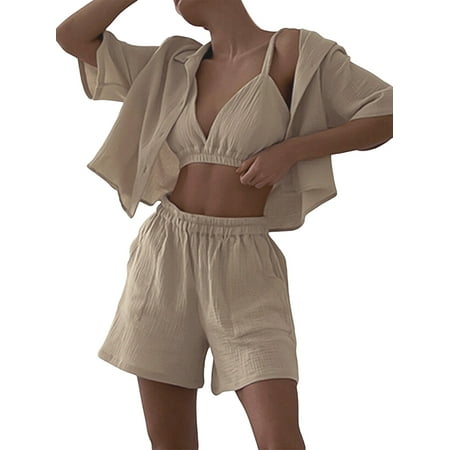 

Wassery Women Solid Color Pajamas Lounge Set Sleeveless V-Neck Cami Underwear Short Sleeve Tops and Shorts 2 Piece Loungewear Outfits