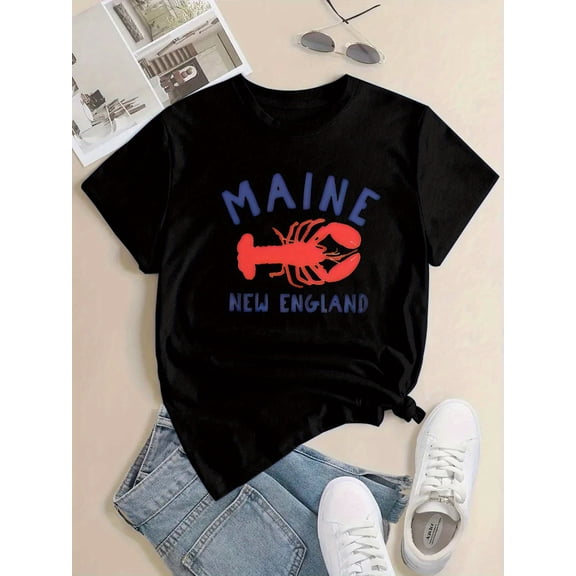Trendy Maine New England Lobster Graphic T-Shirt for Women, Casual Short Sleeve Summer Beach Vacation Tee Top