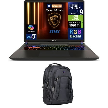 MSI Vector AI Gaming Laptop 16.0in 240Hz WQXGA Display (Intel Ultra 9- 275HX, NVIDIA GeForce RTX 5070 Ti 12GB, 32GB DDR5, 8TB PCIe SSD, RGB KB, 2 Thunderbolt 4, WiFi 7, Win 11 Pro) w/Premium Backpack