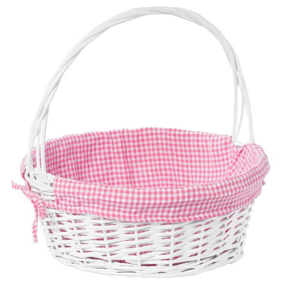 White Round Willow Gift Basket, with Blue and White Gingham Liner and Handles