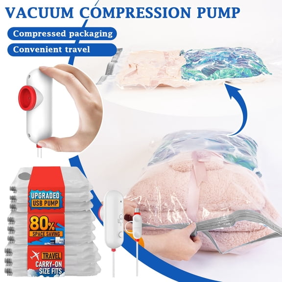 Travel Vacuum Bags with Pump, Space Saving Travel Vacuum Storage Bags with USB Electric Pump 8 Pack Compression Bags, Portable & Carry-On Size