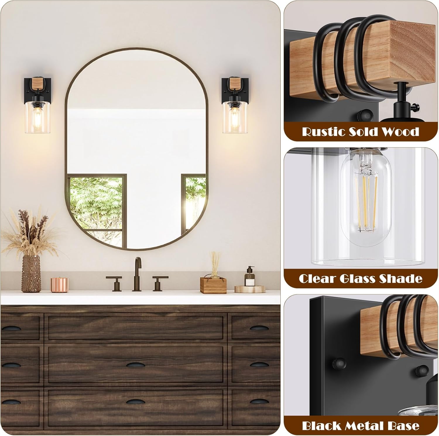 Set of 2 Wall Sconces Farmhouse Matte Black Bathroom Vanity Light with Clear Glass Shades Indoor Wall Mount Lighting Fixtures for Bedroom Living Room Mirror Kitchen