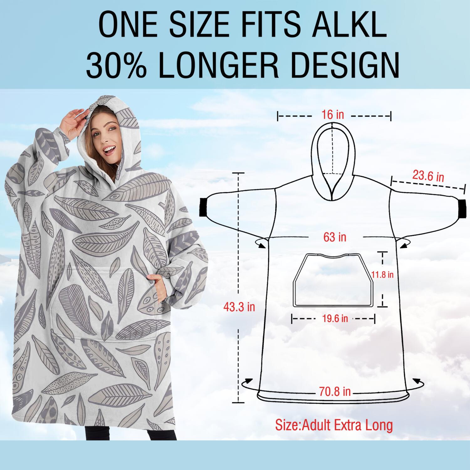 Oversized Wearable Blanket Hoodie,Light Grey Leaf Like Pattern Sherpa Blanket Hoodie with Super Pockets,Super Warm Fuzzy Pullover for Women & Men