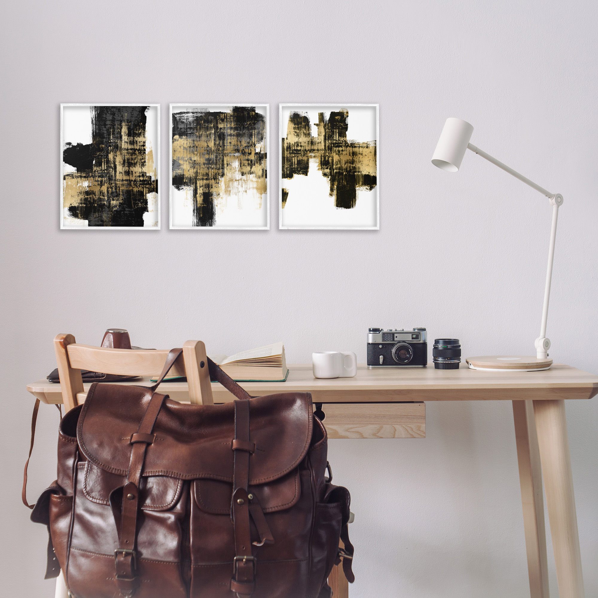 Stupell Industries Bold Black Brushstrokes with Gold Abstract Painting White Framed Art Print Wall Art, 11 x 14, Set of 3