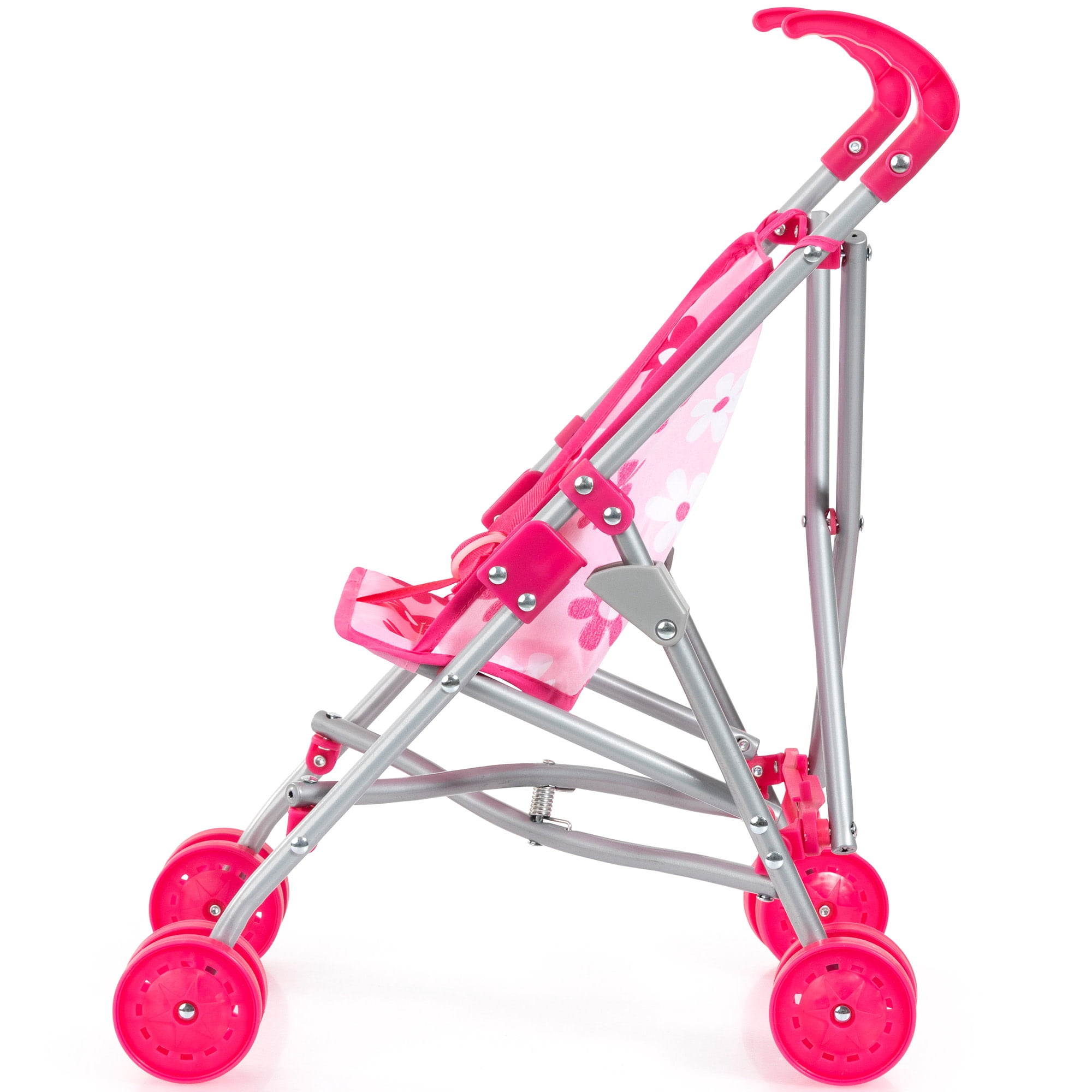 Bayer Design: Buggy & 14" Baby Doll Set - Pink & White Striped Onesie, Flower Umbrella Push Stroller, Toy Feeding Care Accessories, Kid-Toddlers 18mo+