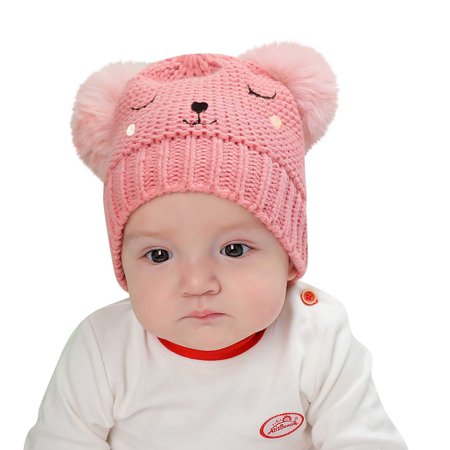 

BIZIZA Baby Hats Toddler Warm Pompom Cute Caps Beanie Cartoon Print for 0-3Y Newborn Pink One Size