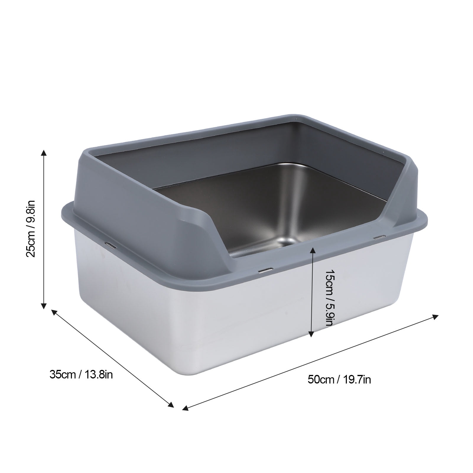 YAHHU Stainless Steel Cat Litter Box Anti Splashing Top Entry Large Kitty Pan with Scoop, High Sided Metal Potty Tray for Big Cats, 20.08 inches / 51 cm, Dark Gray