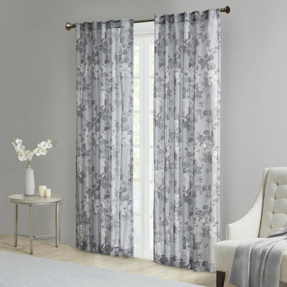 Madison Park Simone Printed Floral Rod Pocket and Back Tab Voile Sheer Curtain in Grey, 50"x84"