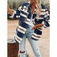 thumbnail image 5 of Women'S Flannel Plaid Shacket Fall Outfits Long Sleeve Button Down Shirts Jacket Coats with Side Pockets Navy Blue M, 5 of 7