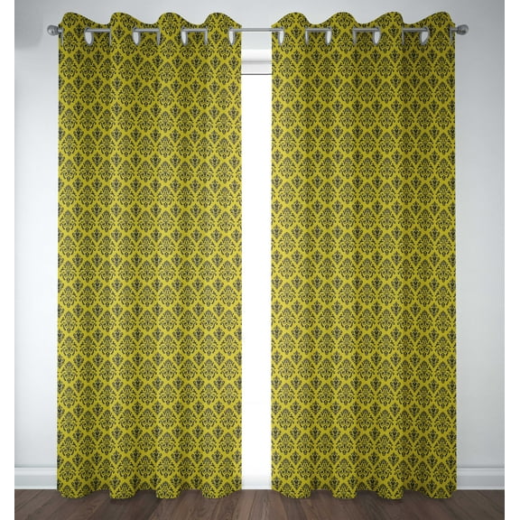 S4sassy Cotton Duck Flourish Damask Yellow Set of 2 Panel Eyelet Bed Room Door Curtains Drapes- 54x90 Inches